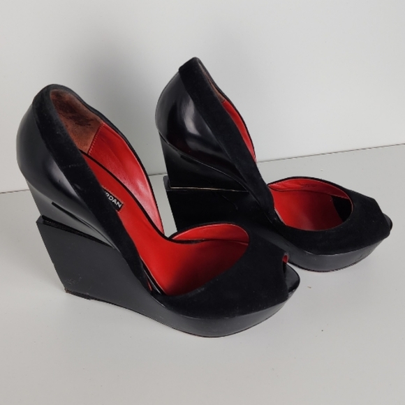 Charles Jourdan Cadence Wedge Platform Peep Toe Black Suede Size 10 - Picture 5 of 13